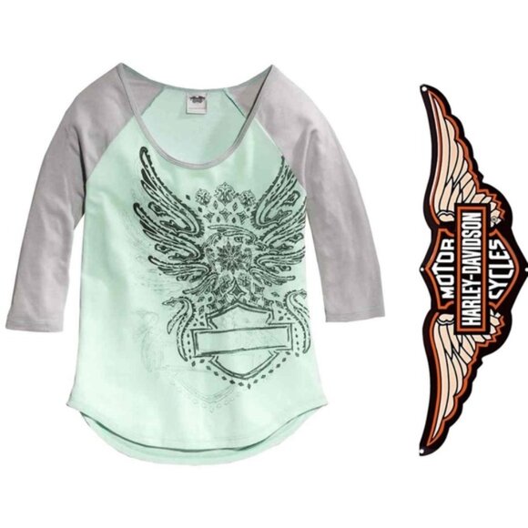 Harley Davidson | "Heather Gray Mint" Raglan Sleep Tee | Size Medium - Picture 1 of 9